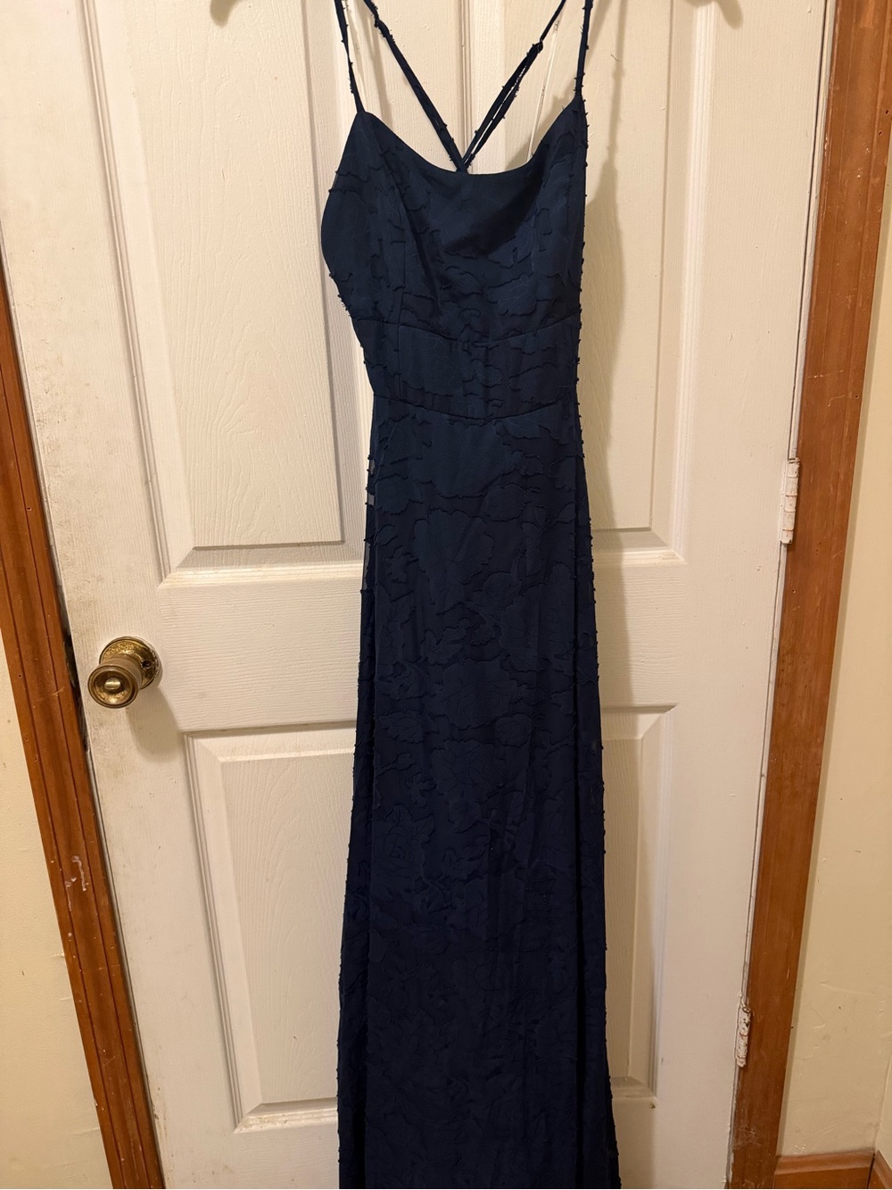 Lulu's Navy Textured Maxi Slip Dress with Crisscross Straps